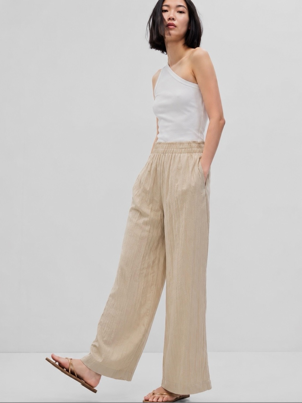 Gap Crinkle Gauze Wide Leg Pants NWT Beige M Lagenlook Cottagecore Minimal